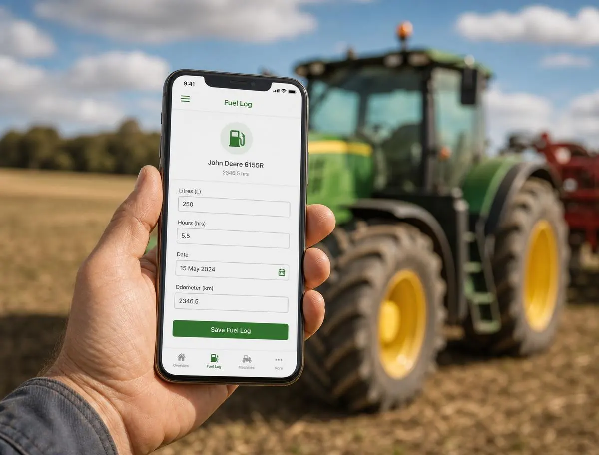 Plaasjapie mobile fuel log screen shown on a phone held in front of a tractor